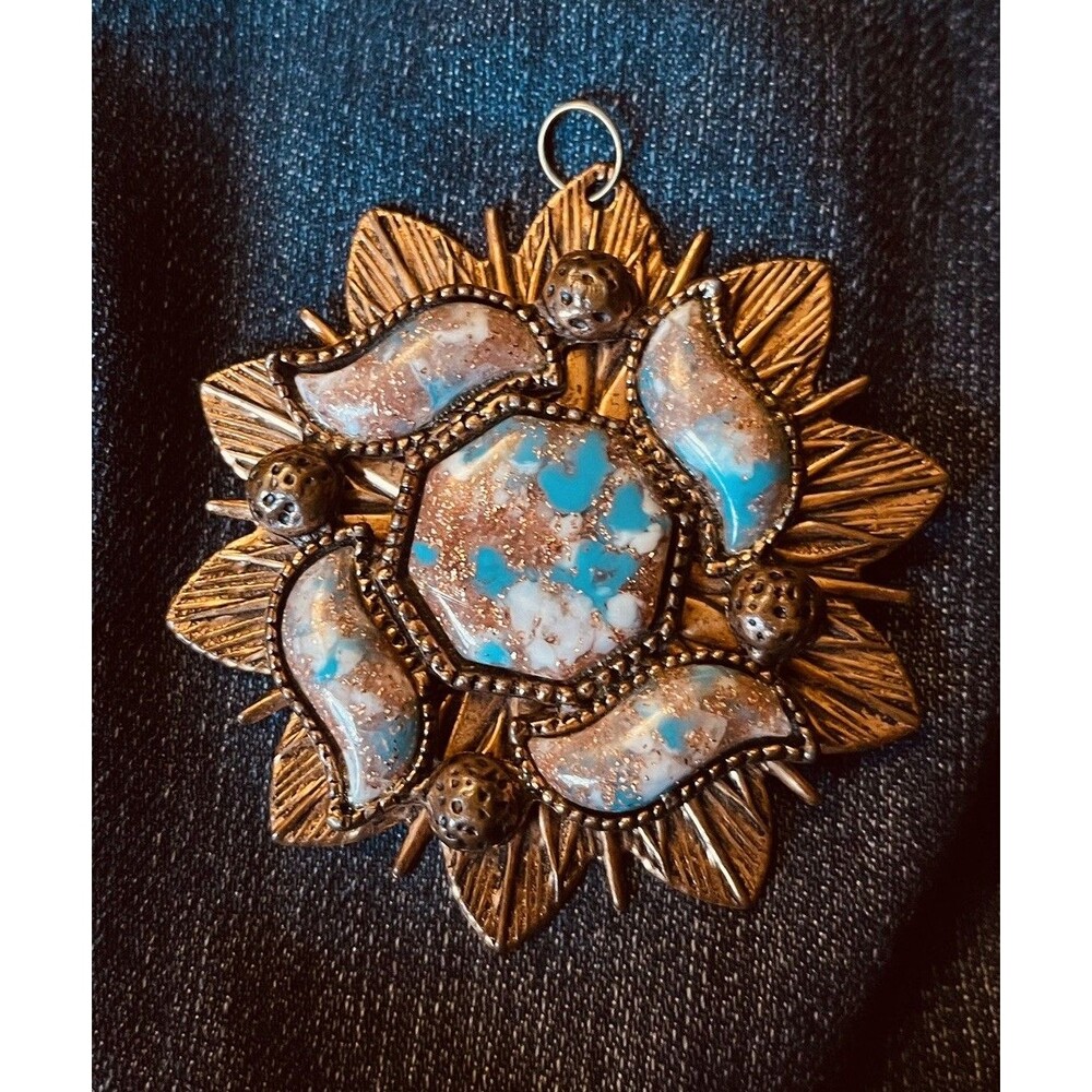 Vintage Selro Selini Style Confetti Lucite Filigree Copper Pendant Western Chic